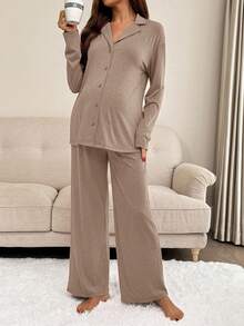 SHEIN 2pcs Maternity Solid Color Button Front Long Sleeve Top And Pants Set Loungewear Women Sleep Wear Women Maternity Sets 2 Piece Lounge Sets Woman Maternity Clothes Two Piece Suits - Khaki - View 5