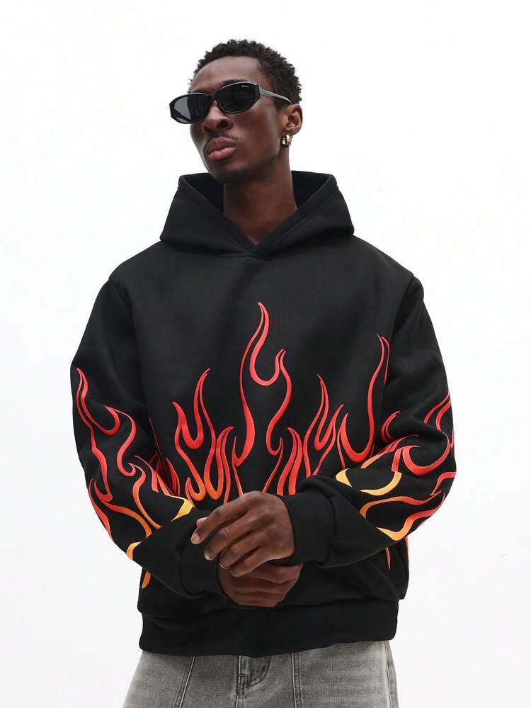 Flame Print Hoodie With Drawstring