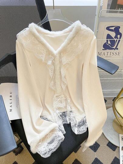 SHEIN Franclia Lace Patchwork V-Neck Knit Sweater For Women, Unique French Style Fluffy Fitted T-Shirt, Autumn/Winter