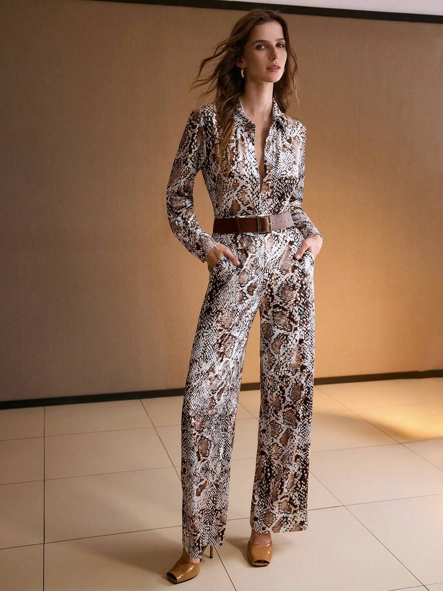 MOTF PREMIUM WOMEN'S SNAKE SKIN PRINT STRAIGHT LEG PANTS, AUTUMN/WINTER - Coffee Brown - View 1