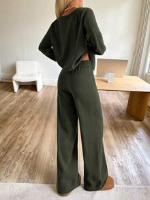 CovetEZ Women's Casual Daily Solid Color Oblique Shoulder Loose Knit Sweater And Pants Set, Autumn/Winter Two Piece Set Women Comfy Two Piece Lounge Set 2 Piece Casual Sets Woman Green 2 Piece Set Comfortable Two Piece Set,Fall,Fall Clothes For Women - Olive Green - View 2