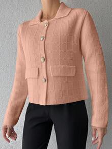SHEIN Cottnline Women's Solid Color Front Button Faux Pocket Casual Blouse - Coral Pink - View 3