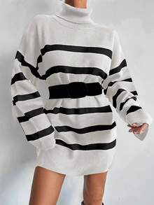 EURMUSE Striped Pattern Turtleneck Drop Shoulder Sweater Without Belt - Black and White - View 4
