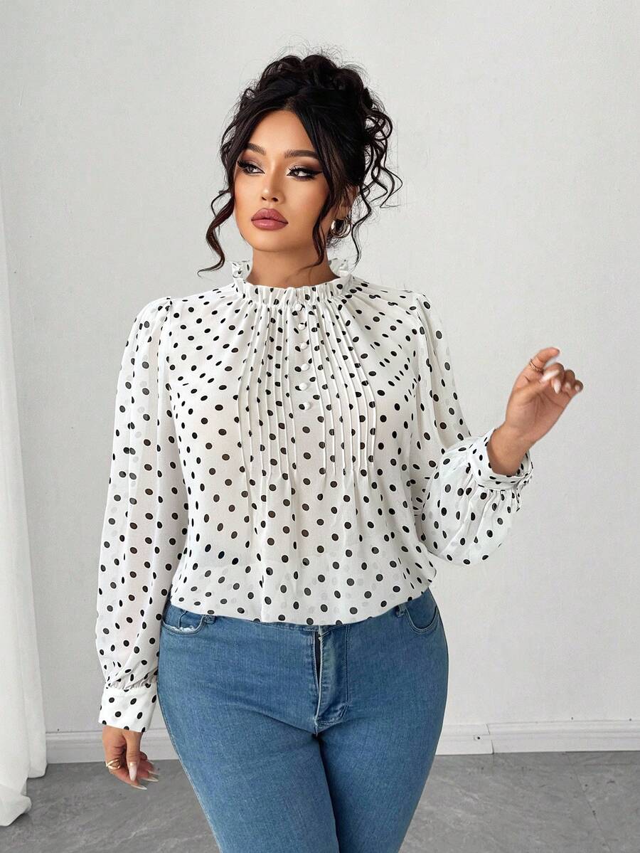 Elenzga 大码圆点印花立领复古休闲长袖衬衫 - 白色 - 查看 1