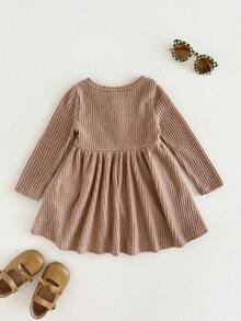 Baby Girl Khaki Thermal Lined Thick High Stretch Ribbed Ruched Long Sleeve Contrast Button Cute Dress, Suitable For Winter - Pink - View 2