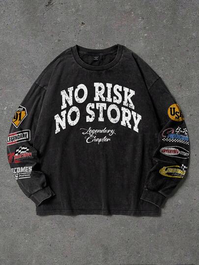 Manfinity EMRG Men's Casual Slogan Print Crew Neck Long Sleeve T-Shirt, Autumn Men Street Wear Shirt Men Casual Round Neck Sweatshirt Men Slogan Print Sweatshirt Men Graphic Long Sleeve Shirt Men Drop Shoulder Tee