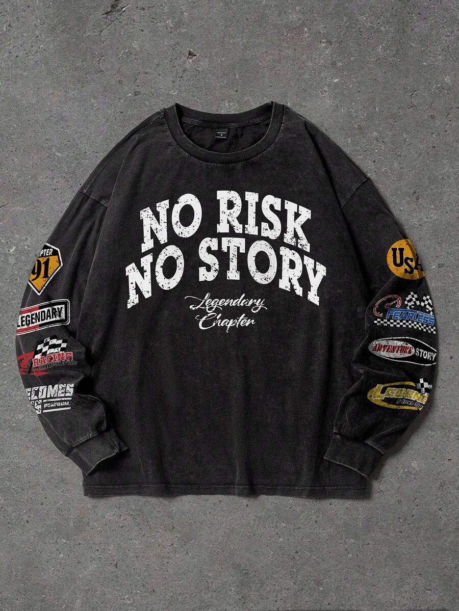 Manfinity EMRG Men's Casual Slogan Print Crew Neck Long Sleeve T-Shirt, Autumn Men Street Wear Shirt Men Casual Round Neck Sweatshirt Men Slogan Print Sweatshirt Men Graphic Long Sleeve Shirt Men Drop Shoulder Tee - Black - View 1