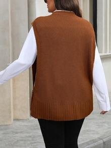 SHEIN LUNE Plus Size Casual Solid Color Ribbed Knit Crew Neck Sweater Vest, Autumn - Burnt Orange - View 2