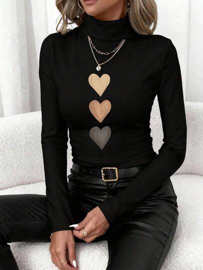 SHEIN Clasi 女士休闲高领三心印花复古修身长袖T恤，适合秋冬季，百搭百搭，适合外出、通勤、别致搭配