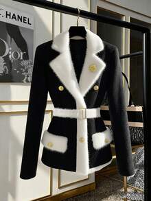 Franclia 女士秋冬优雅时尚翻领黑白长袖通勤正式金属扣假口袋开衫，适合秋冬季、新年、感恩节、派对、婚礼等场合，优雅休闲。 - 黑與白 - 查看 1