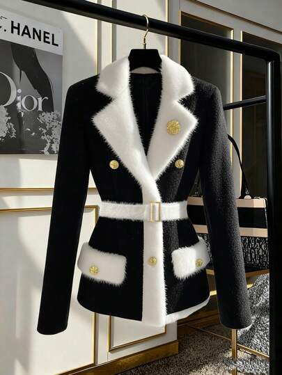 Franclia 女士秋冬优雅时尚翻领黑白长袖通勤正式金属扣假口袋开衫，适合秋冬季、新年、感恩节、派对、婚礼等场合，优雅休闲。