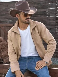 Manfinity Nomadique 美式复古新款休闲商务弹力仿麂皮男士夹克，奢华风格，秋冬 - 棕色 - 查看 5