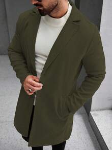 Manfinity Homme 男士纯色翻领单排扣长袖时尚大衣橄榄绿男士羊绒长款外套冬季女式绿色 - 軍綠色 - 查看 4