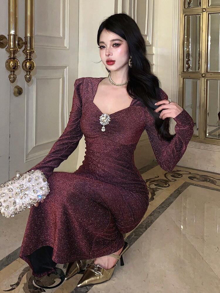 Elegant Puff Sleeve Metal Buckle Decor Long Dress For Women, Autumn Prom Dress,New Year,Christmas Maxi Dress