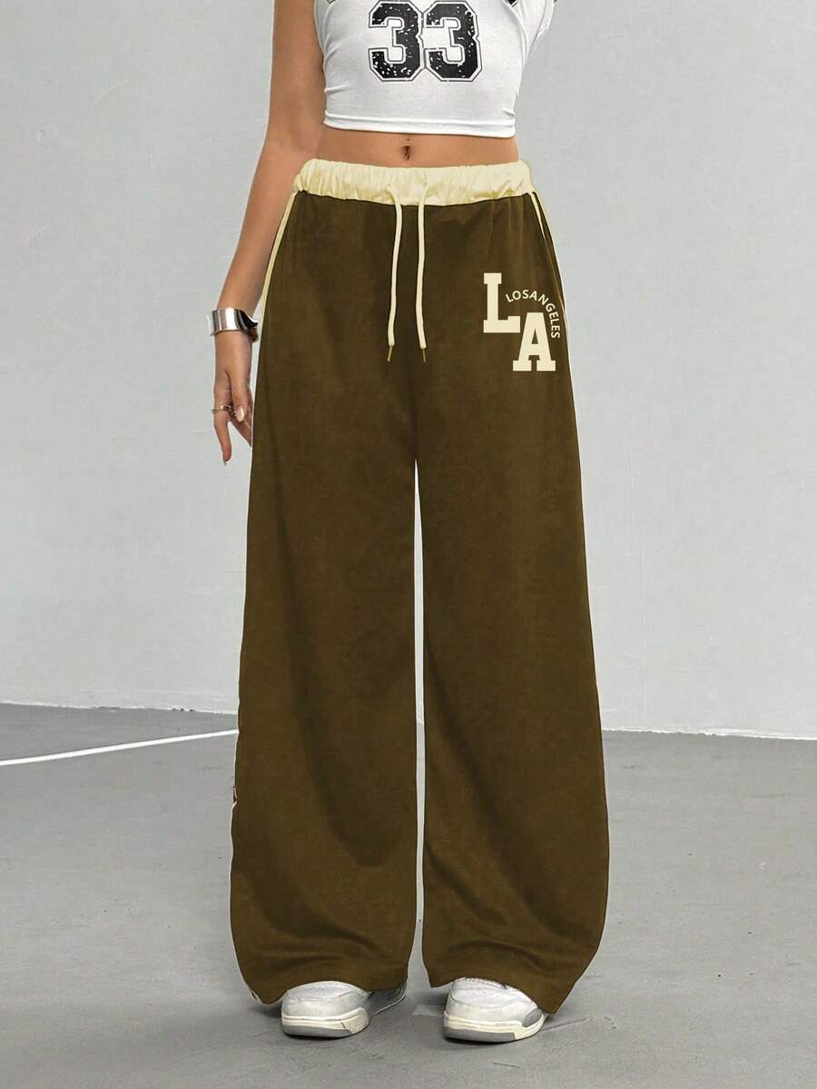 青少年(女孩)休闲街头时尚短款字母印花运动裤,适合外出、街头风格和学校 - 卡其色 - 查看 1