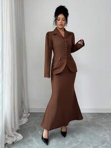 Selianne Completo da donna con design senza schienale e lacci, colore unito, adatto per autunno/inverno - Caffè Marrone - Visualizzare 6