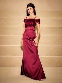 缎面和网眼拼布无袖紧身连衣裙，高端青少年风，适合婚礼、舞会、生日派对、返校节、毕业典礼、圣诞节、万圣节 - 酒紅色 - 查看 3