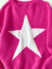 SHEIN Teen Girl Star Pattern Round Neck Drop Shoulder Sweater, Casual Everyday Wear, Autumn/Winter - Pink - View 4