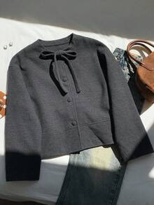 Comfortcana Women's Elegant Solid Color Twist Collar Loose Overcoat, Autumn/Winter - Dark Grey - View 5