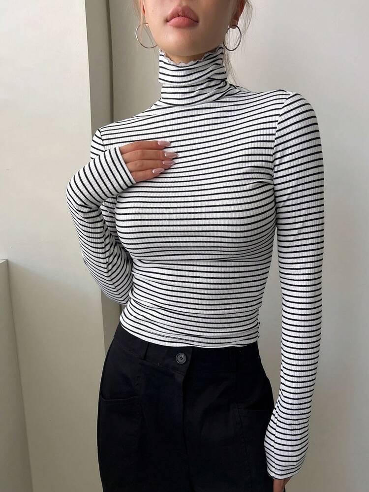Striped High Neck Tee Long Sleeve Women Tops