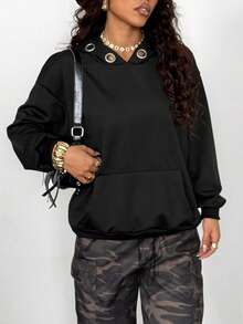 StreetHx Women's Oversized Casual Streetwear Punk Rock Y2K Sweatshirt With Black, Silver Metal Ring Hollow Eyelet Decor, Versatile College Style