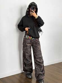 StreetHx Women's Oversized Casual Streetwear Punk Rock Y2K Sweatshirt With Black, Silver Metal Ring Hollow Eyelet Decor, Versatile College Style