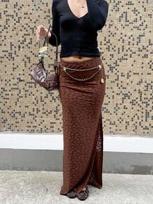 SHEIN Unity 棕色针织提花低腰直筒开衩侧裙，女款，秋冬，时尚简约，通勤、办公、旅行、度假百搭，外出约会穿着舒适 - 棕色 - 查看 1