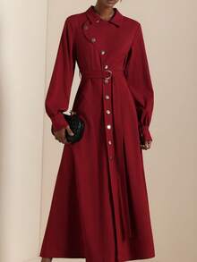 Lyxana Women's Elegant Collared Metal Button Decor Tie Waist Long Sleeve Dress - Red - View 3