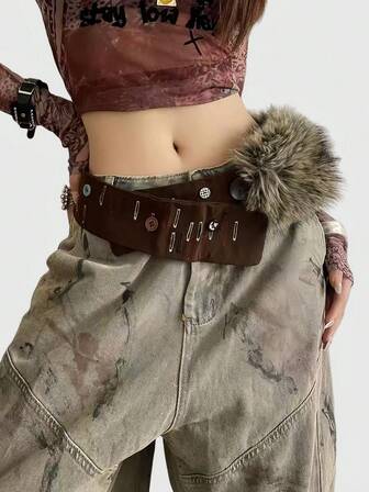 Goth حزام خصر قابل للتعديل بتصميم قطعة ملمس فرو الجمل Y2K، إكسسوار متعدد الاستخدامات مناسب للارتداء اليومي والعطلات والحفلات