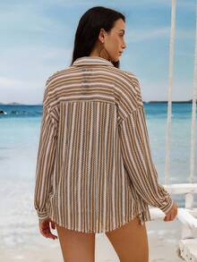 Swim Vcay Women's Summer Vacation Beach Striped Front Button Dropped Shoulder Shirt And Shorts Coverup Set - Multicolor - View 4