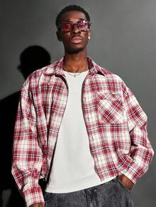 SUMWON Camisa de botones de manga larga a cuadros con ajuste corto, patrón a cuadros rojos, de algodón casual y oversize, prenda esencial de otoño e invierno para el streetwear clásico de todos los días - Multicolor - Ver 5