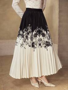 MOTF PREMIUM Chân váy xếp ly họa tiết hoa khối màu - Đen và trắng - Xem 4