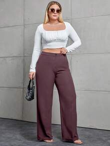 EURMUSE Plus Size Women Casual Everyday Commute Solid Color Slant Pocket Loose Wide Leg Pants - Brown - View 3