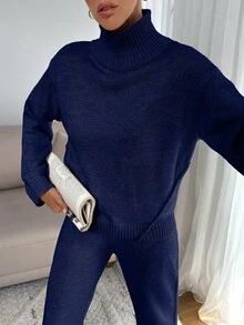 SHEIN Tall 女款寬鬆版高領毛衣搭配羅紋針織細節直筒針織長褲套裝，適合高個女性 - 藏蓝色 - 查看 4