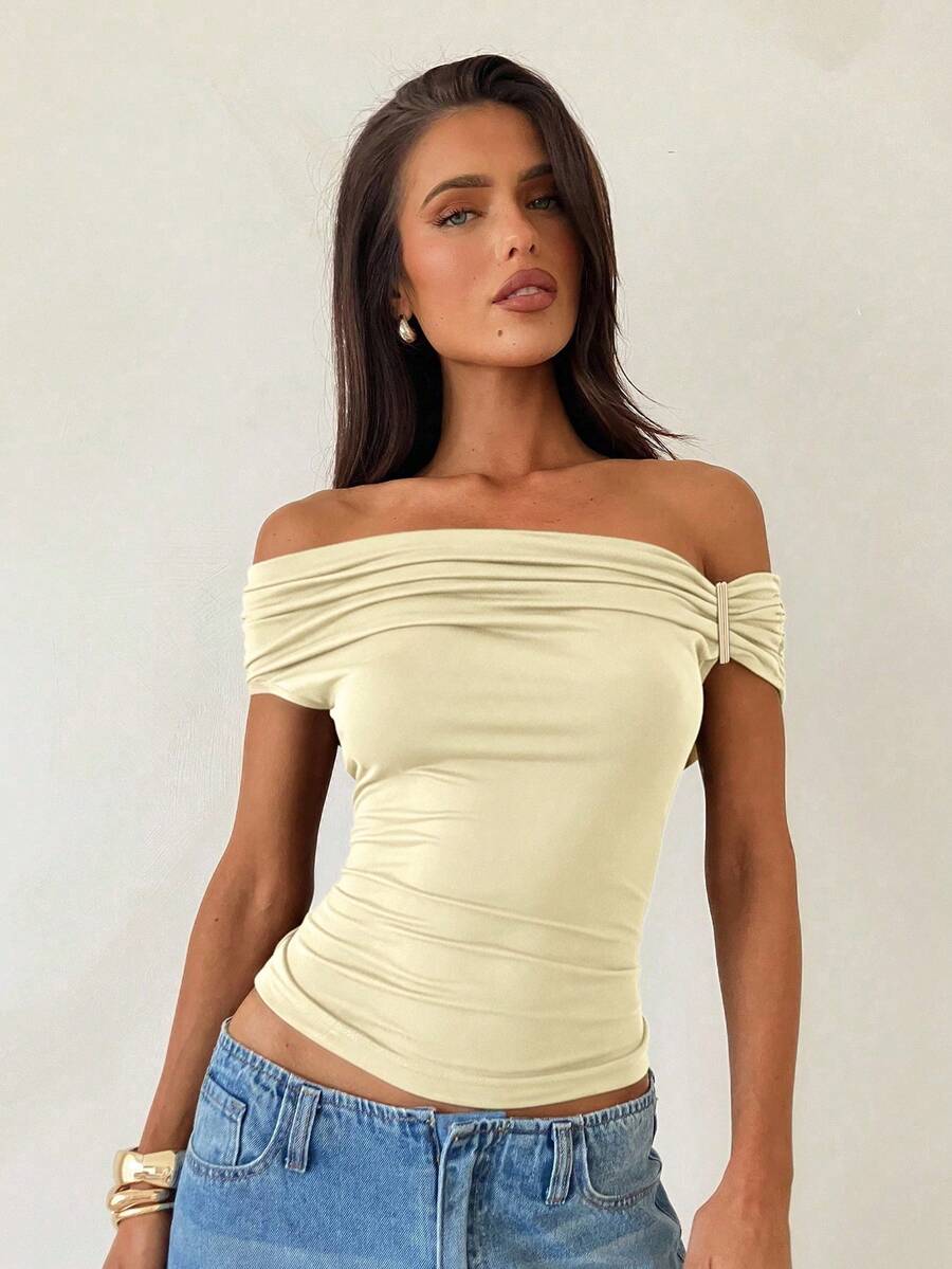 Aloruh 女式纯色褶皱露肩修身时尚T恤 - 杏色 - 查看 1