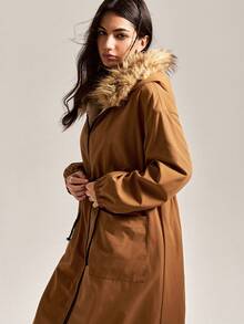 Easelle Abrigo acolchado para mujer, suelto y largo en color caqui marrón para otoño e invierno - Café integral - Ver 4