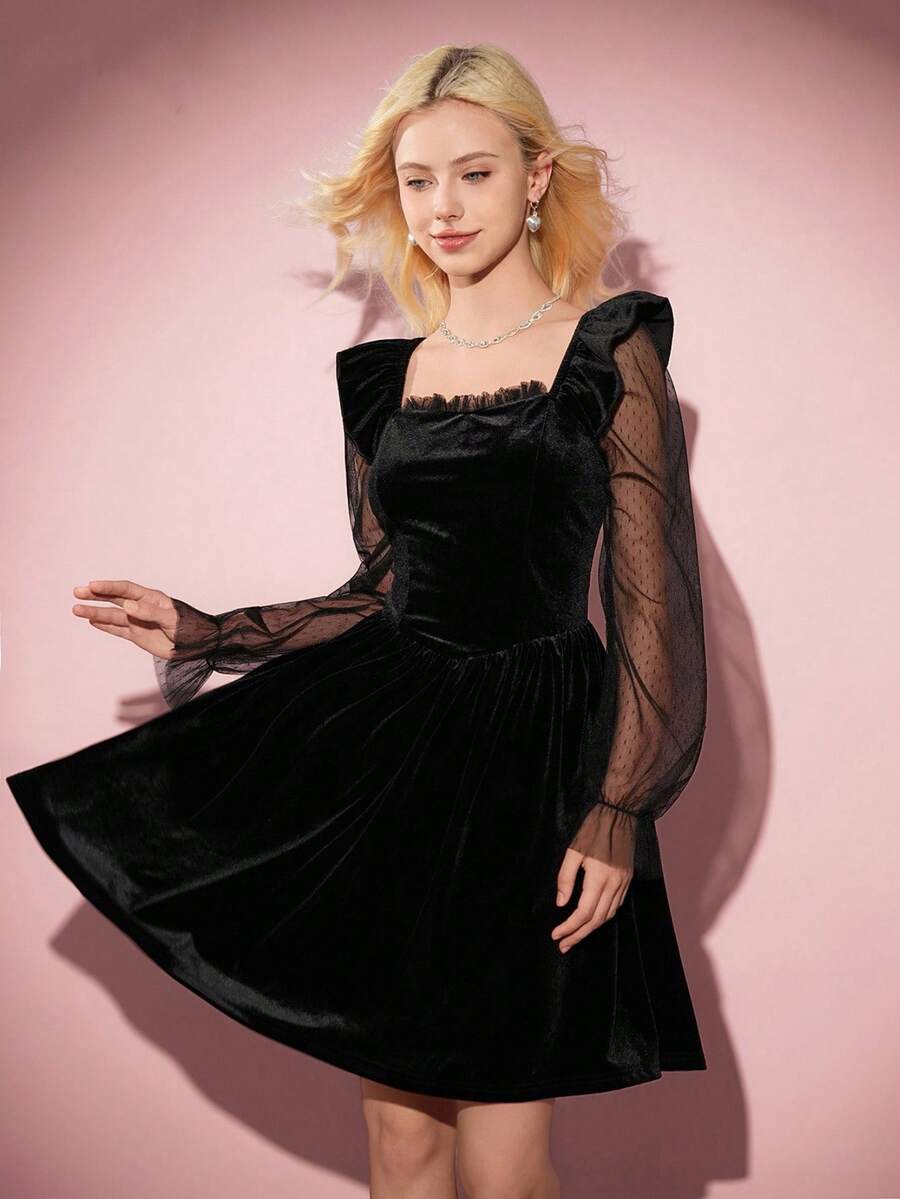 优雅天鹅绒束腰连衣裙，黑色，荷叶边网袖，秋冬 - 黑色 - 查看 1