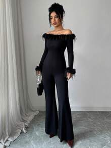 Selianne 女士优雅时尚通勤休闲舒适迷人复古浪漫假日长袖露肩毛茸茸袖口修身纯色连体裤 - 黑色 - 查看 4