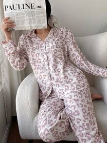 女士新款豹纹长袖上衣和长裤家居服套装，休闲秋冬装 - 粉色 - 查看 5