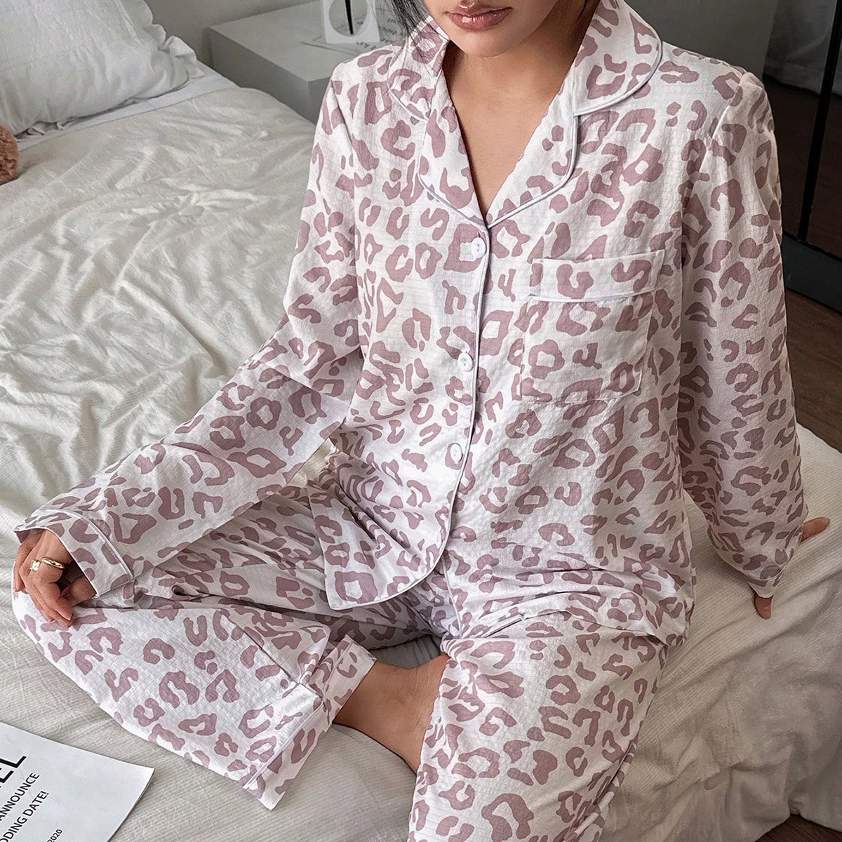 Conjunto de ropa de estar en casa de manga larga con estampado de leopardo para mujer, top y pantalones, casual para otoño/invierno