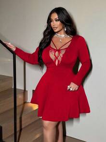 NU&NOW 大码女式红色蕾丝拼接性感无袖A字连衣裙，适合圣诞节、新年派对、毕业舞会等场合，时尚百搭 - 紅色 - 查看 4