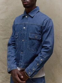 Musero Chaqueta vaquera de ajuste holgado y cuadrado con botones y mangas abotonadas para hombre, apta para otoño, verano y primavera - Azul lavado oscuro - Ver 2