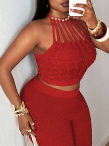 Maweii Damen Pullover in Hellrosa, Große Größen, mit Zopfmuster, Perlenketten, sexy und schlank, elegant, Partytop für Damen, hochwertiges Design, kurzer gestrickter Oberteil, Herbst und Winter, Damenbekleidung, Scandi Party Strick Cut-Out Y2K Party Top mit Glanz-Strick