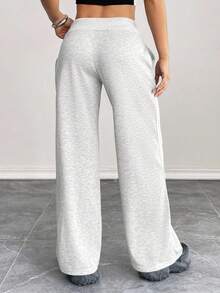 SHEIN PETITE 舒适休闲纯色针织低腰阔腿女式运动裤 - 灰色 - 查看 2