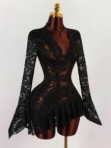 Amplova 夏季嬉皮风格女士透明低胸迷你连衣裙 - 黑色 - 查看 7