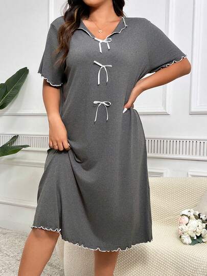 Plus Size Elegante Deep Grijs Midi Length Pajama Night Dress Bowknot Embellishment