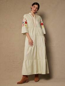 Freevana Robe bohème élégante et à manches 3/4 brodée pour femmes grandes tailles