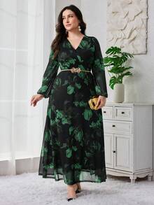 Modelyn Đầm dạ hội dài tay bồng bềnh họa tiết hoa cổ chữ V thanh lịch cho nữ cỡ lớn - màu xanh lá - Xem 6