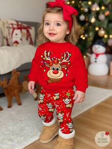 SHEIN 女婴圣诞快乐可爱卡通驯鹿、雪花、圣诞几何图案提花针织柔软厚圆领长袖卫衣和打底裤套装，喜庆红色，休闲秋冬 - 彩色 - 查看 1