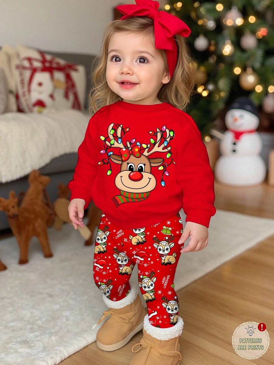 SHEIN 女婴圣诞快乐可爱卡通驯鹿、雪花、圣诞几何图案提花针织柔软厚圆领长袖卫衣和打底裤套装，喜庆红色，休闲秋冬 - 彩色 - 查看 1
